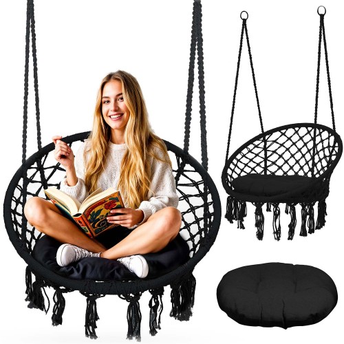 Fotel ogrodowy wiszący, huśtawka BOHO czarna z poduszką – metalowa konstrukcja, siedzisko 80 cm, udźwig 150 kg