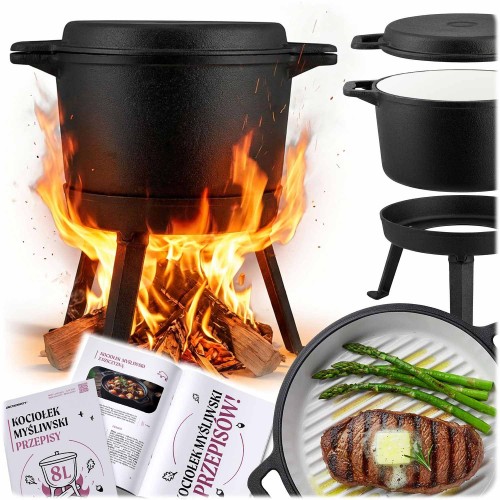 Kociołek żeliwny emaliowany 8 l stojący z patelnią grill Berdsen BD-480 – garnek myśliwski na ognisko i grill