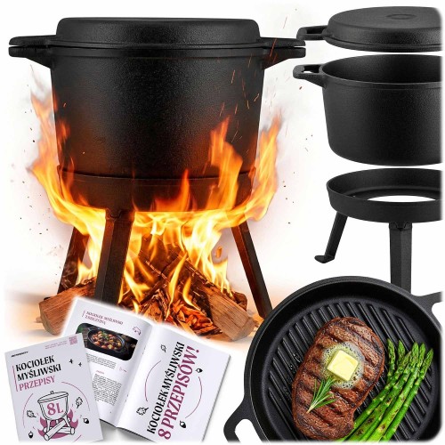 Kociołek żeliwny demontowany 8 l Berdsen BD-480 – garnek na ognisko z patelnią grill