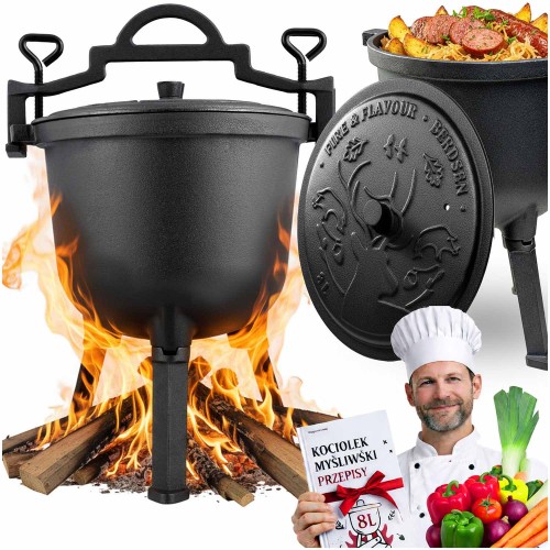 Kociołek żeliwny demontowany 8 l Berdsen BD-480 – garnek na ognisko z patelnią grill