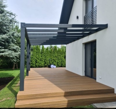 Aluminiowe zadaszenia tarasowe premium – profil 12×13 cm, możliwość zabudowy i drzwi przesuwnych