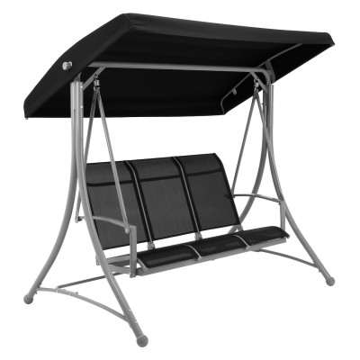 Huśtawka ogrodowa 3-osobowa z daszkiem – stalowa konstrukcja, regulowany kąt zadaszenia, kolor antracyt/czarny