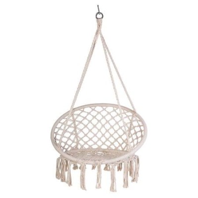 BOHO wiszące krzesło plecione z frędzlami ecru, Bocianie Gniazdo, fotel wiszący