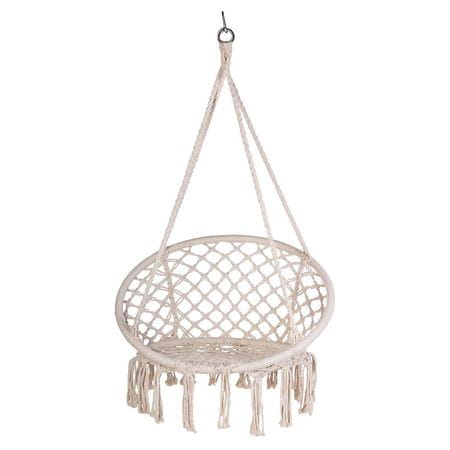 BOHO wiszące krzesło plecione z frędzlami ecru, Bocianie Gniazdo, fotel wiszący
