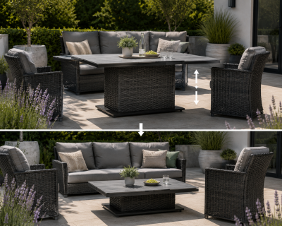 CLEMENTO Lifttisch 130x80 cm stół ogrodowy regulowana wysokość, technorattan,  aluminium i szklany blat Spraystone Anthrazit
