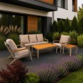 Zestaw wypoczynkowy Loungeset Donnan beige Lesli Living – elegancki komplet ogrodowy z bambusowymi detalami i beżowymi poduszkami