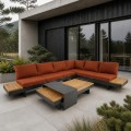 Lesli Living Loungeset Barbados Red Zestaw wypoczynkowy, modułowy – nowoczesny zestaw ogrodowy z funkcją narożnika, leżanki, aluminium i drewno tekowe FSC