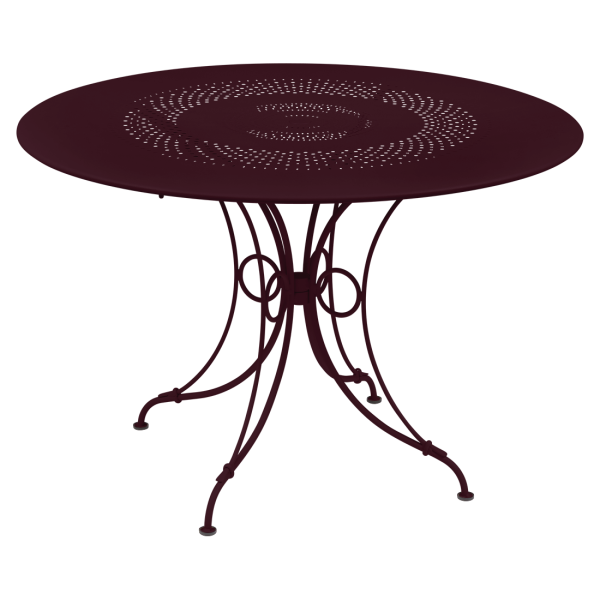 Fermob 1900 stół ogrodowy stalowy Ø117 cm okrągły, elegancki stół metalowy na taras, czarna wiśnia